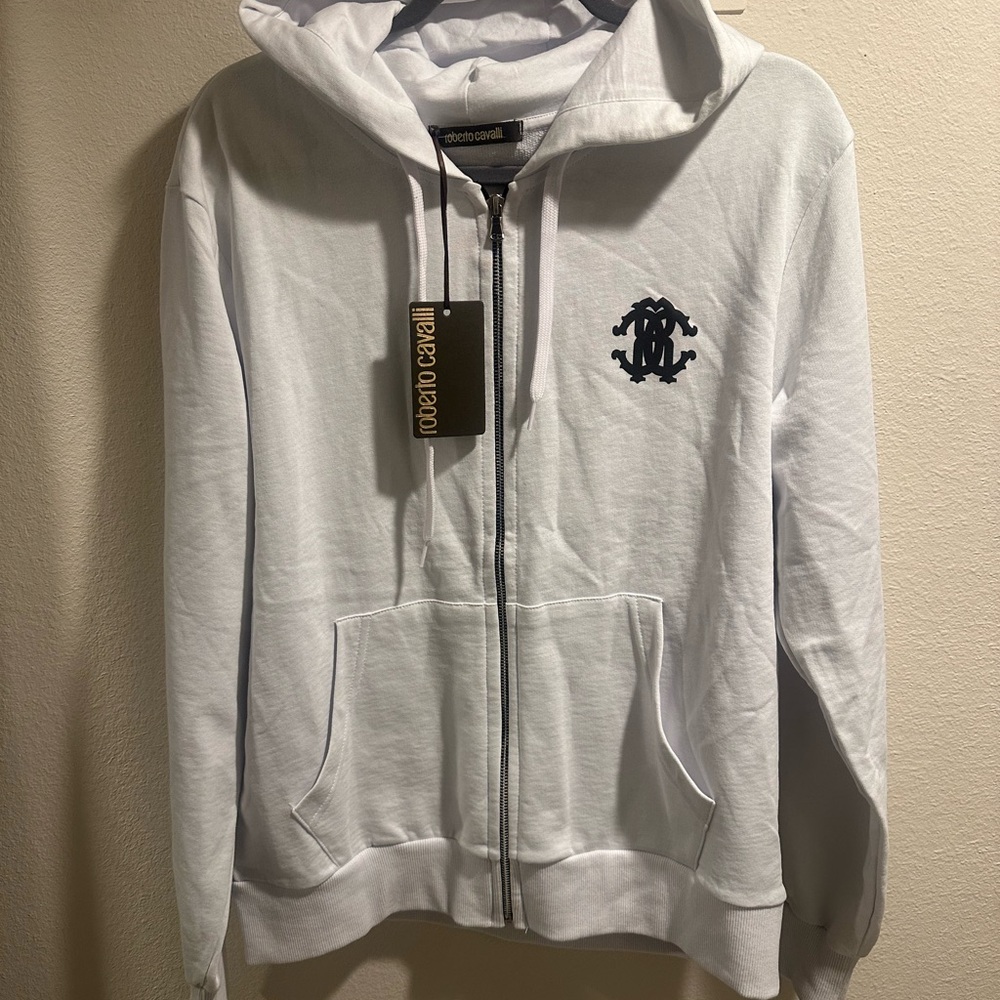 Roberto Cavalli White Hoodie with Black Logo